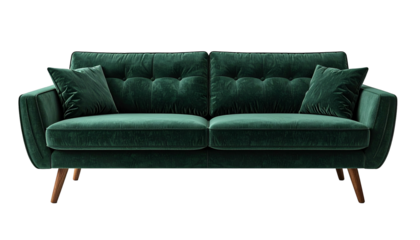 Emerald green velvet sofa with tufted back and bolster pillows on wooden legs, isolated