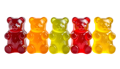 Five colorful gummy bear candies in a row against a solid black background