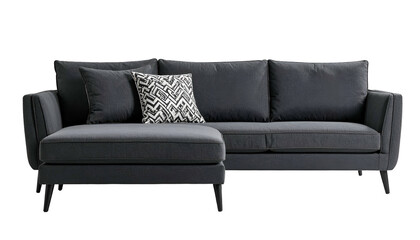 Dark gray sectional sofa with chaise and accent pillow, studio shot