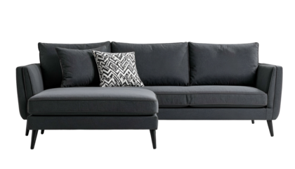 Dark gray sectional sofa with chaise and accent pillow, studio shot