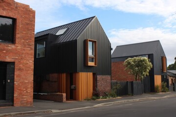 Modern houses with unique designs stand on a street showcasing different architectural styles in a suburban area during the afternoon