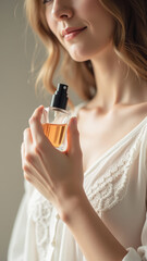 Fototapeta premium Woman holds perfume bottle, showcasing elegance and beauty. soft lighting highlights her features and fragrance allure