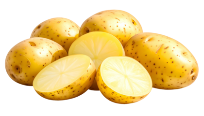 A cluster of fresh potatoes, whole and halved, with a bright, clean background