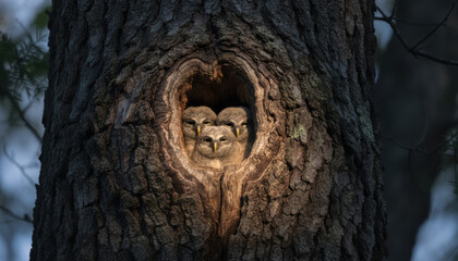 Fototapeta premium Three curious baby owl owlets peeking from a heart shaped tree hollow nest in the natural wildlife forest habitat. These young birds of prey stay together for shelter and safety in the wild.