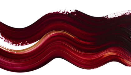 A flowing, textured brushstroke of rich, dark red paint against a stark black background