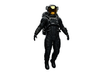 futuristic astronaut in a black segmented suit with a dramatic gold reflective visor floating weightlessly against a transparent studio background, high-contrast rim lighting. concept of advanced