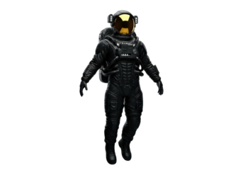 futuristic astronaut in a black segmented suit with a dramatic gold reflective visor floating weightlessly against a transparent studio background, high-contrast rim lighting. concept of advanced