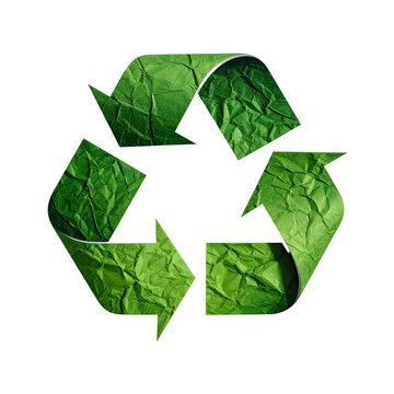 A textured, green recycle symbol on black. The symbol is constructed from crumpled paper