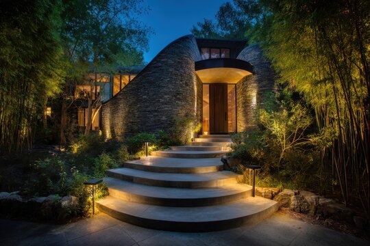 Modern stone house entrance with bright lights and steps, surrounded by bamboo at night near a forested area, showcasing architecture design and landscape features in a natural setting