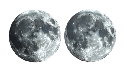 Two realistic celestial orbs depicting the moon's surface, set against a stark black background
