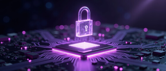Digital lock symbolizing cybersecurity and data protection, floating above circuit board with glowing connections