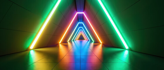 Vibrant neon lights illuminate geometric corridor, creating futuristic atmosphere with colorful reflections on floor