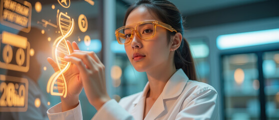 Innovative scientist analyzing DNA structure in laboratory, wearing glasses and white coat, focused on digital display