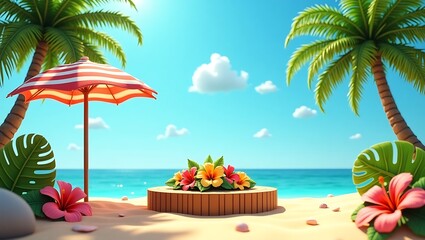 Tropical Beach Paradise with Palm Trees and Flowers