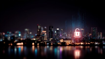 Fototapeta premium Digital padlock cybersecurity interface over futuristic cityscape representing data protection, secure networks, and advanced technology in urban environments