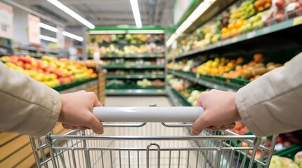 Person pushing shopping cart down aisle, Produce section in bright modern supermarket, Everyday grocery shopping and healthy eating lifestyle