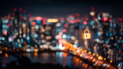 Digital padlock cybersecurity interface over futuristic cityscape representing data protection, secure networks, and advanced technology in urban environments