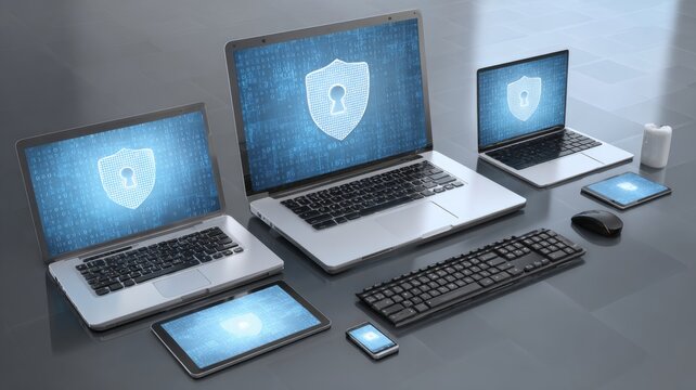 Network safety and cybersecurity concept on multiple digital devices illustrating data protection, secure connections, and online threat prevention in modern technology environments - Powered by Adobe