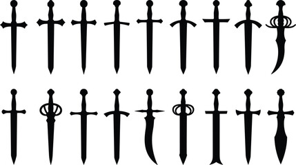 Medieval sword silhouettes set showing different dagger and blade designs isolated on white background fantasy weapon vector illustration collection