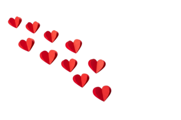 Collection of red 3D paper cut hearts floating isolated on transparent background