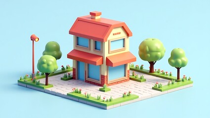 Isometric 3d Render of a Cartoon Storefront Surrounded by Trees