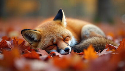 Red fox sleeping peacefully among colorful autumn leaves  