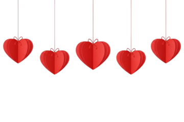 Row of five red hanging paper craft hearts isolated on transparent background