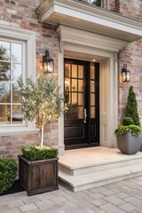 Bright entryway to a residential building with stone steps, planters, and decorative lights in a suburban neighborhood during the late afternoon