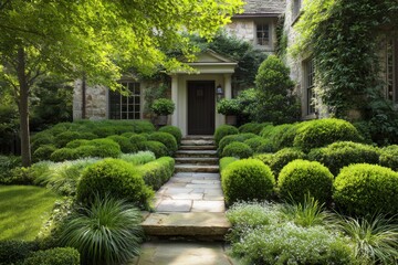 A charming pathway winds its way toward a lovely house, which is beautifully encircled by lush green shrubs and vibrant plants in a sunlit garden