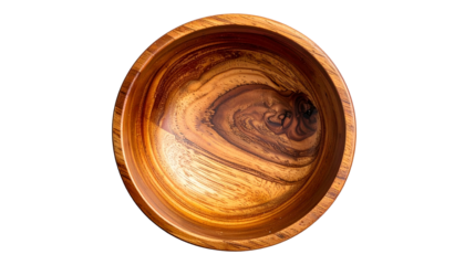 Overhead shot of a polished, empty wooden bowl, showcasing rich wood grain patterns