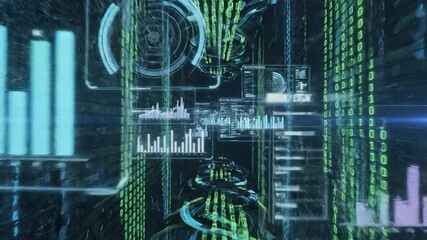 Dynamic digital interface displaying complex data analytics and statistical information in a futuristic virtual environment representing big data processing and artificial intelligence concepts for m. - Powered by Adobe