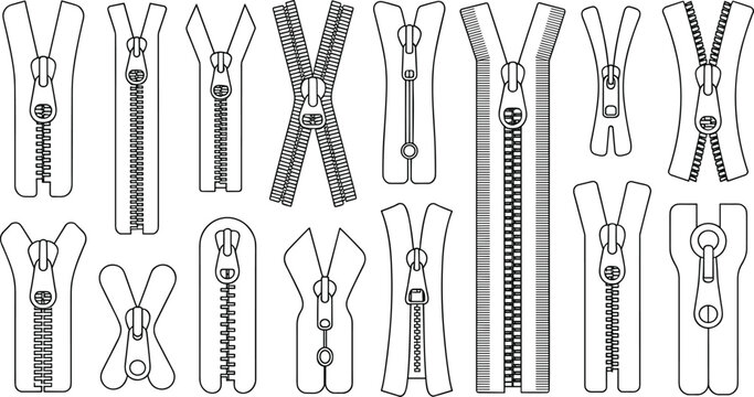 A Comprehensive Collection of Technical Line Art Sketches Featuring Various Zipper Styles, Including Closed-End, Open-End, and Two-Way Separating Zippers for Fashion Design.