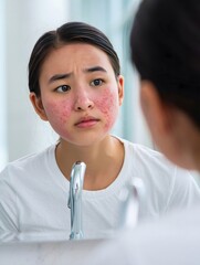 Young Woman Examining Face with Acne in Bathroom Mirror