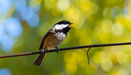 Obraz premium A small bird with a black head and white cheeks perches on a thin wire, singing with its beak open wide