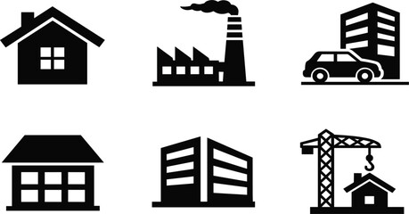 Real estate and industrial building icon set, residential house, factory plant, office skyscraper, and construction crane vector symbols