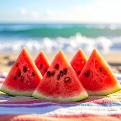 Refreshing Watermelon Slices on a Striped Beach Towel by the Ocean.