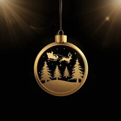 Minimal black and gold Christmas ornament with Santa and reindeer scene