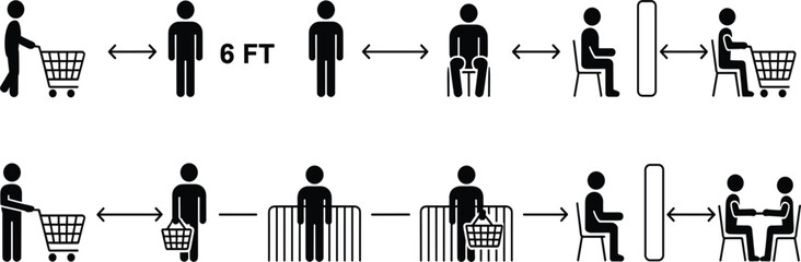 Social distancing and public safety guideline icon set, keep six feet distance, pandemic prevention symbols for shopping centers