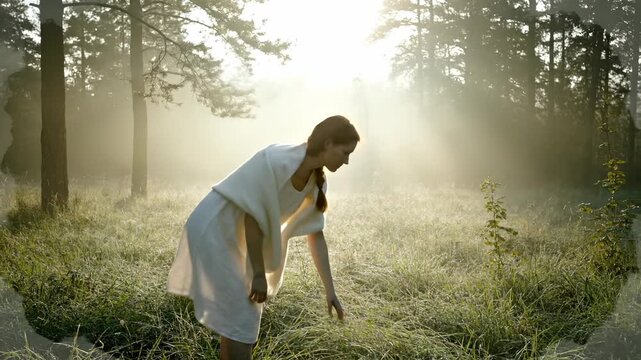 Woman walks through misty forest wearing poncho at sunrise. Female explores forest with fog and sunlight. Woman in poncho walks in woodland. Misty morning with female walking through forest.