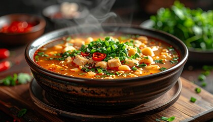 Steaming Hot Bowl of Traditional Asian Soup with Chicken and Fresh Herbs.