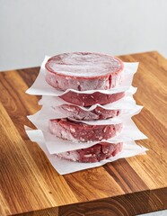 Stack of Raw Frozen Beef Burger Patties on a Wooden Cutting Board.