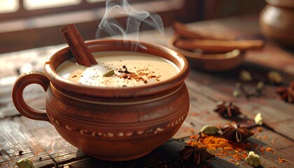 Steaming Hot Chai Tea in a Rustic Clay Mug with Cinnamon Stick and Spices.