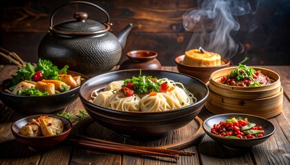 Steaming bowls of authentic Asian cuisine served on a rustic wooden table with traditional teapot and chopsticks.
