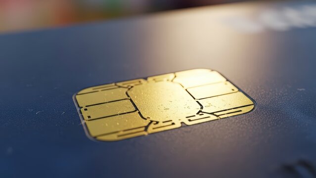 Close-up of a golden EMV chip on a credit card, highlighting secure payment technology. - Powered by Adobe