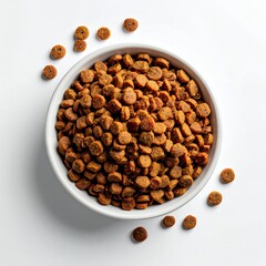 Top-down view of a white bowl filled with dry pet food, with some kibble scattered around it on a white background.