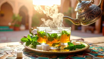 Traditional Moroccan Mint Tea Ceremony with Steaming Glasses and Ornate Teapot in a Courtyard.
