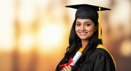 A young indian teenage female graduate student wearing a black graduation gown and mortarboard with a yellow tassel holding a diploma against a warm sunset bokeh background with copy space