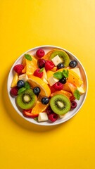 Vibrant and Refreshing Fruit Salad with Mixed Berries and Citrus on a Bright Yellow Background.