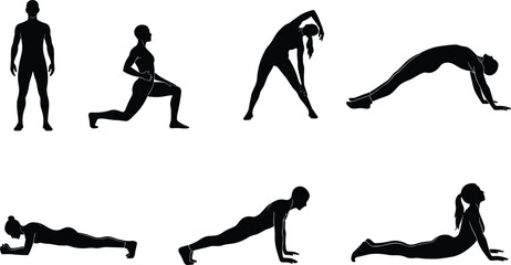 Obraz premium Comprehensive Collection of Silhouette People Performing Yoga Poses Fitness Exercises and Stretching Workouts Isolated on White Background for Health and Wellness