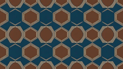 A seamless geometric pattern with brown and blue hexagons and interlocking shapes